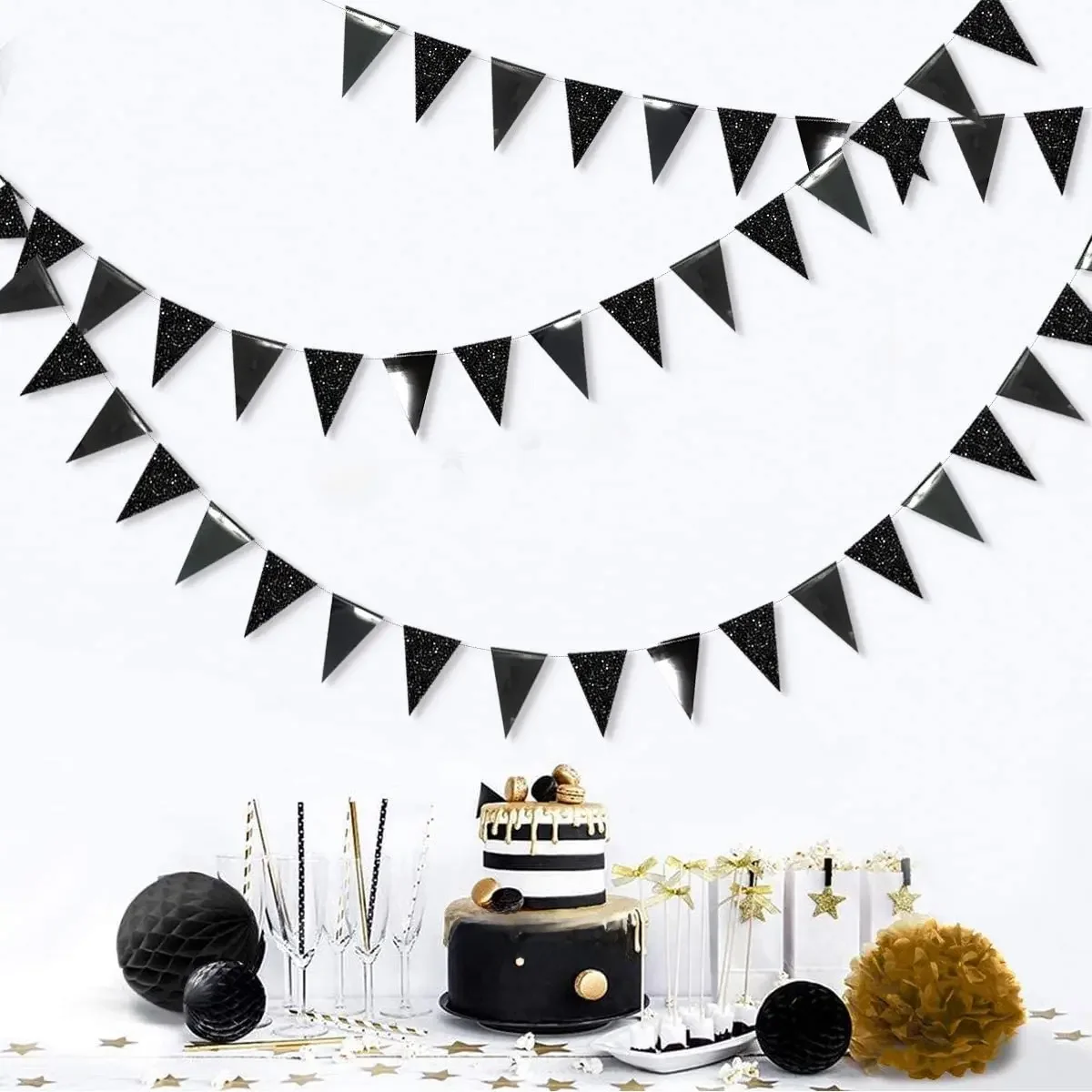Czarne dekoracje imprezowe wisząca brokatowa girlanda na urodziny trójkątny baner papierowe flagi ukończenie szkoły trznadel Streamer Party Decor — zdjęcie 2