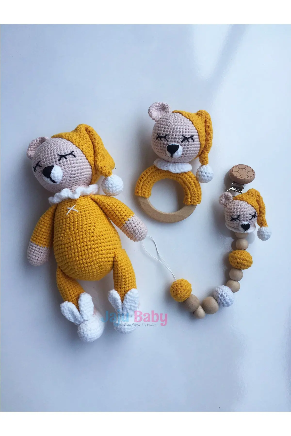 

Handmade Amigurumi Yellow Sleepy Bear 22 cm Rattle and Pacifier Chain Triple Set