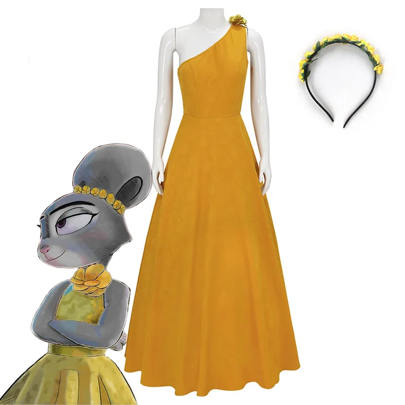

Взрослый полицейский кролик Джуди, желтое праздничное платье на одно плечо, нарядное платье на Хэллоуин, женский костюм Джуди Хопс