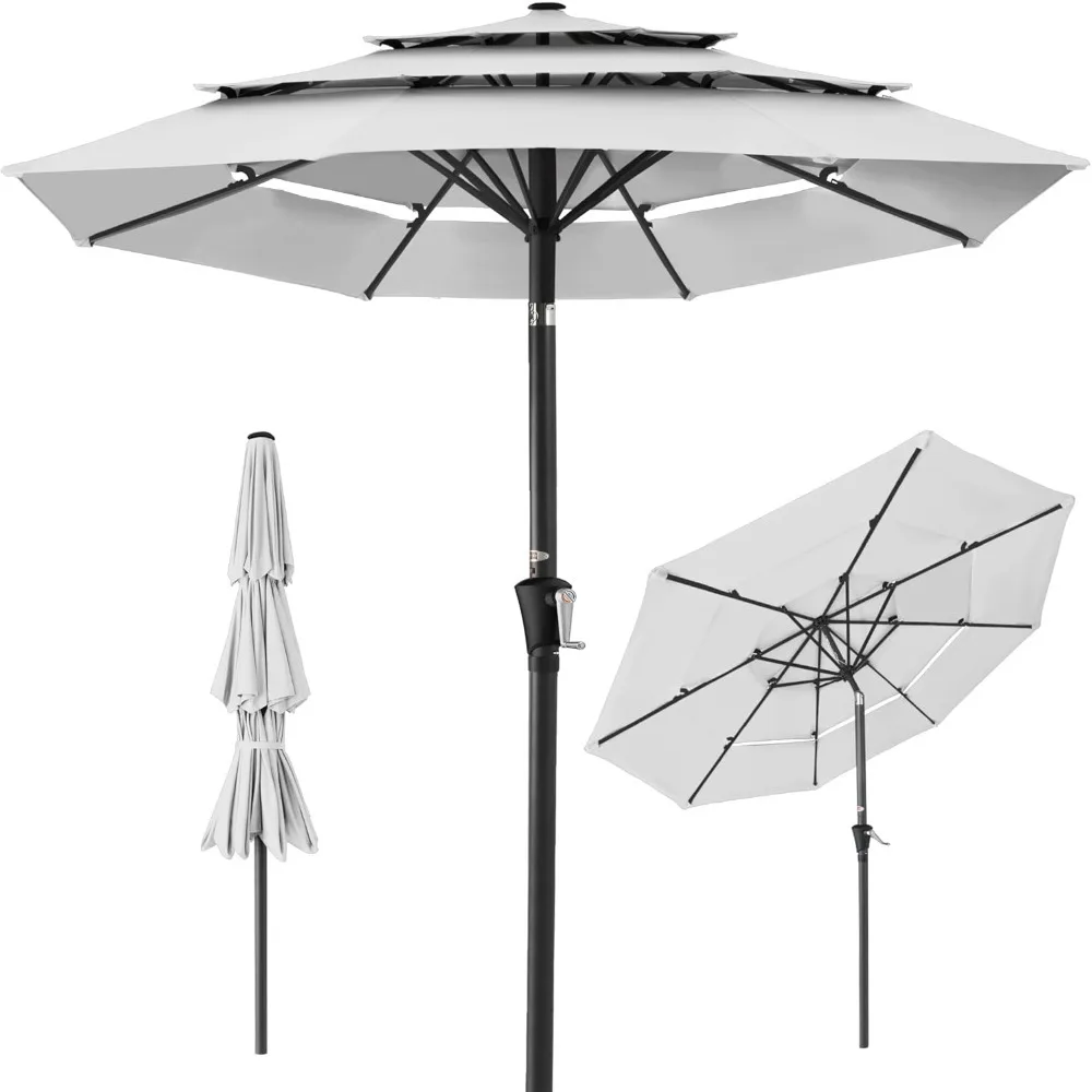 

10ft 3-Tier Market Patio Umbrella, Outdoor Sun Shade with Tilt, Crank Lift, 8 Ribs for Backyard, Deck