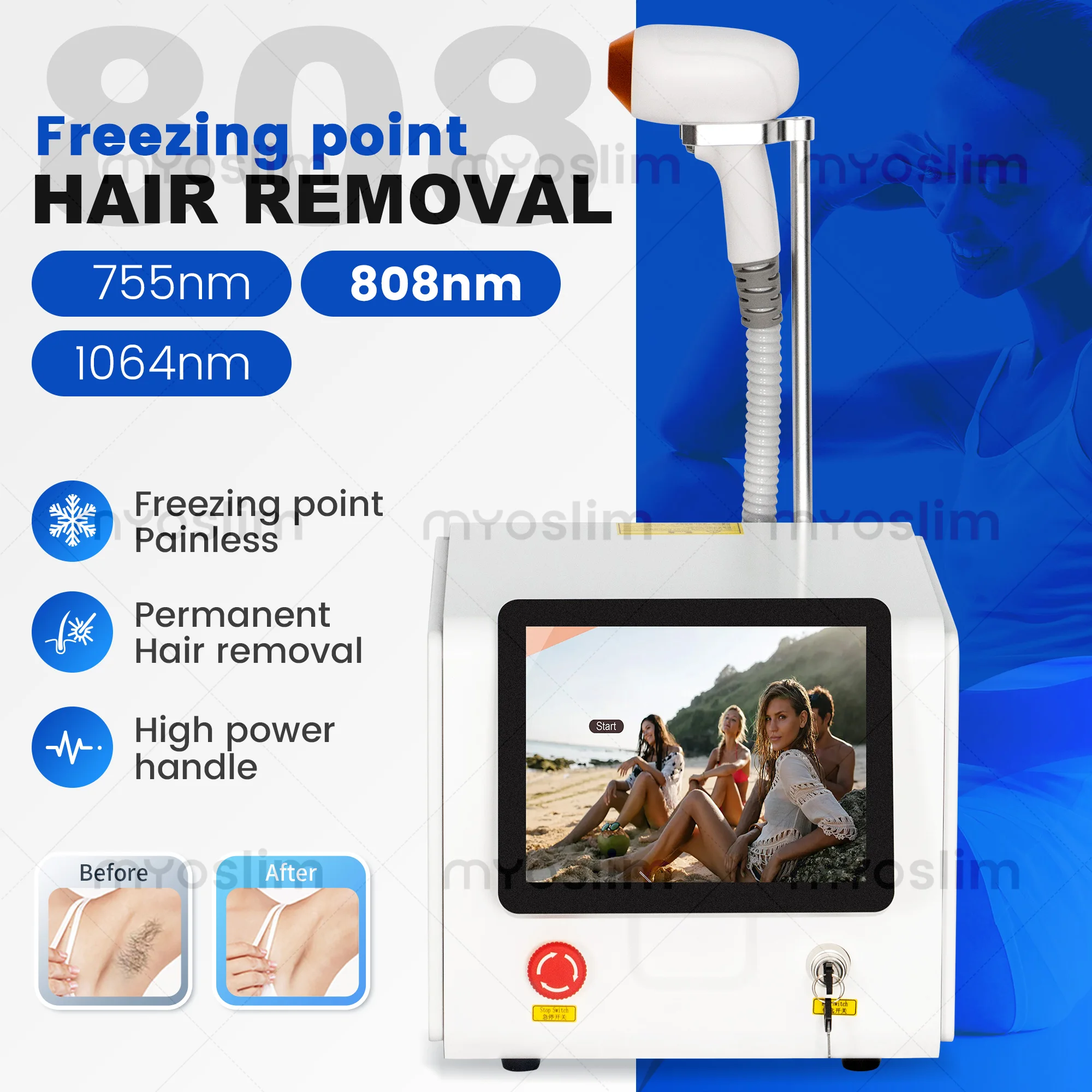High Power 3 Wavelength 808nm Diode Laser And 755 1064nm Ice-Cooling Painless Permanent Hair Removal Device