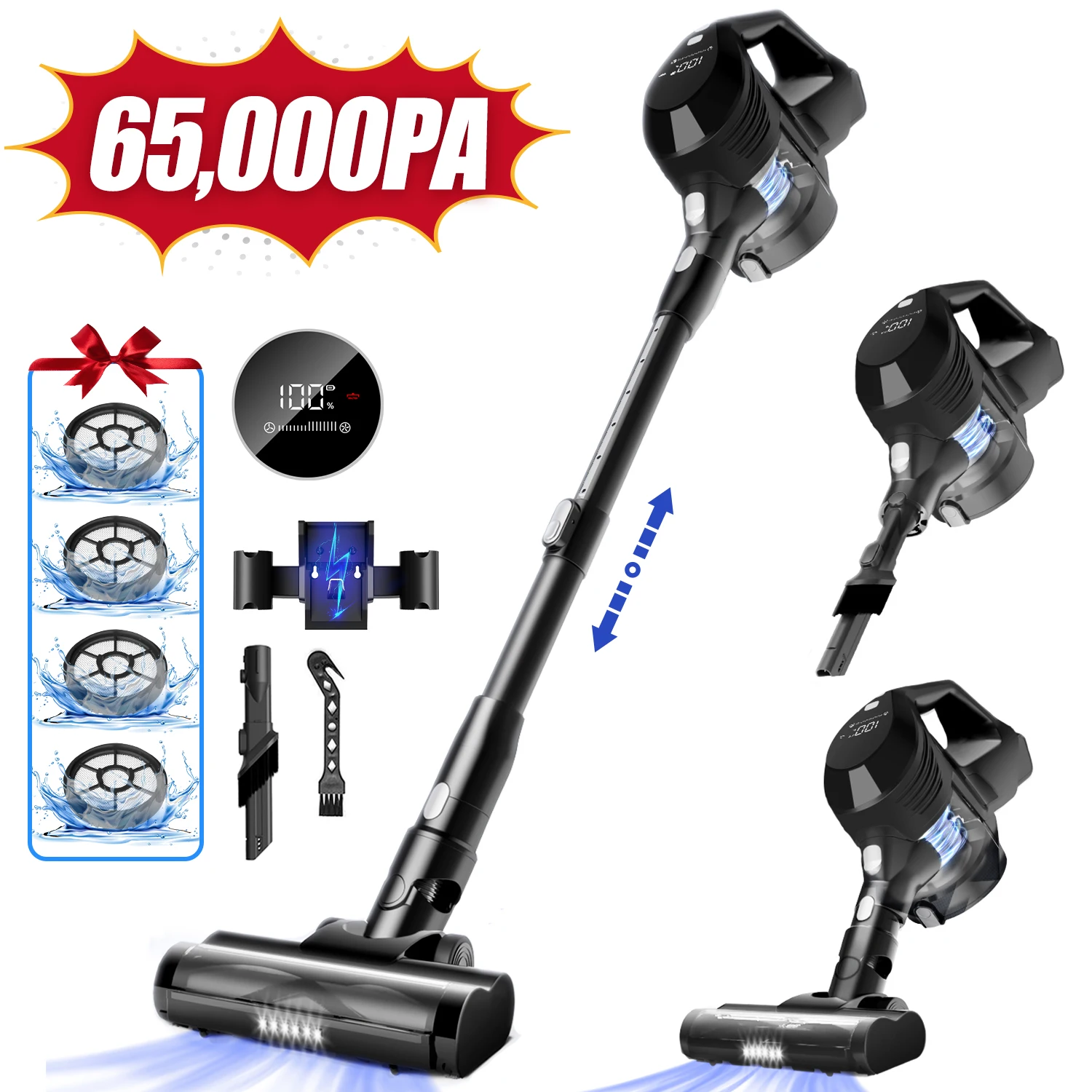 Aspirateur sans fil 65000Pa 520W puissant avec écran LED intelligent, autonomie de 55 minutes, filtration 6 couches, cyclone à 8 cônes, et 6 LED pour le sol