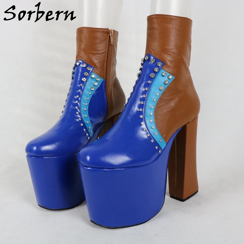 Sorbern Designer Women Boots Block High Heel Ladies Runway Boots Custom Multi Colors Platform Crystals Rivets Sissy Boy Boot