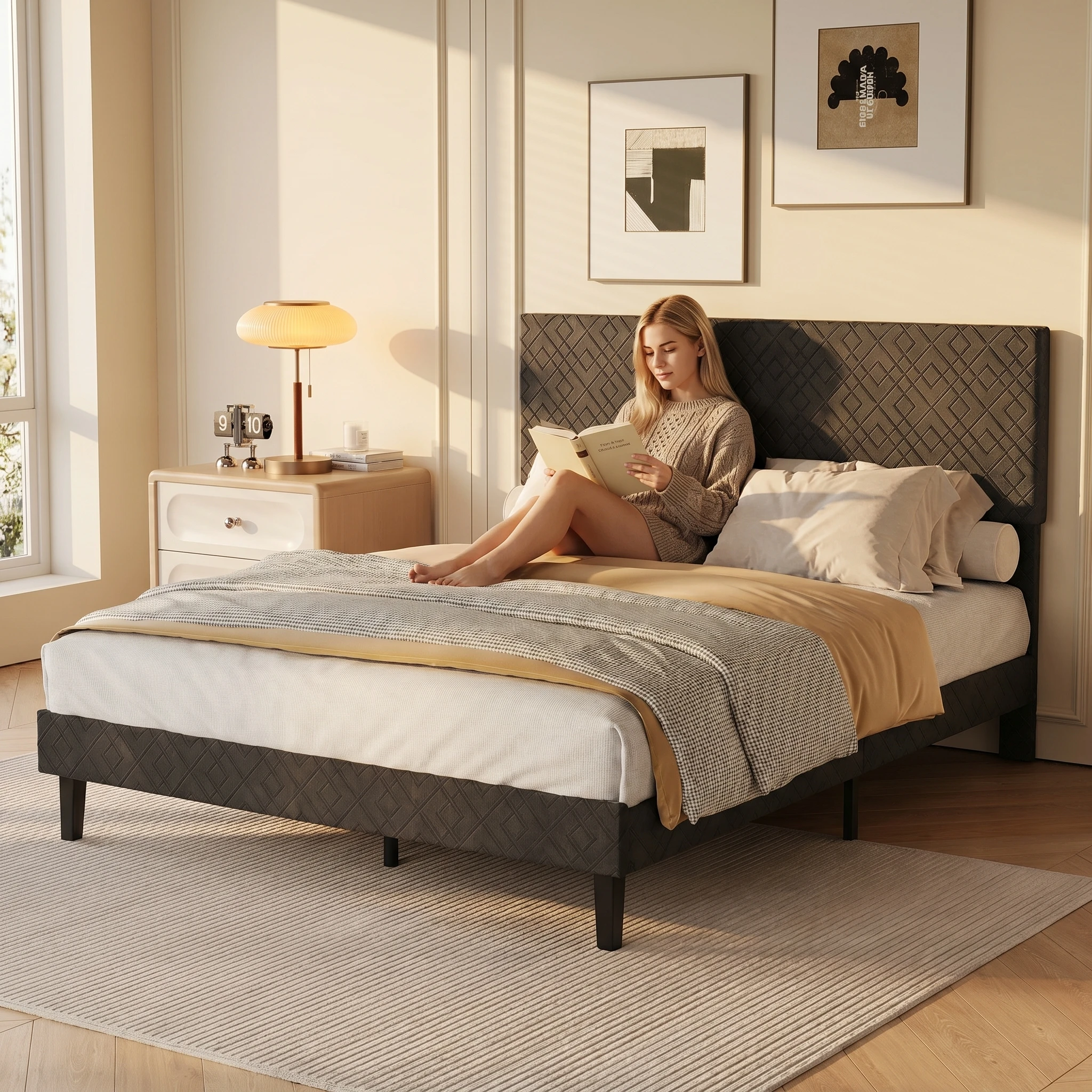 Base de Cama Doble de Lino Gris Superaly 160x200, Base de Cama Tapizada con Somier de Láminas, Base de Cama Sencilla para Dormitorio, No Incluye Colchón