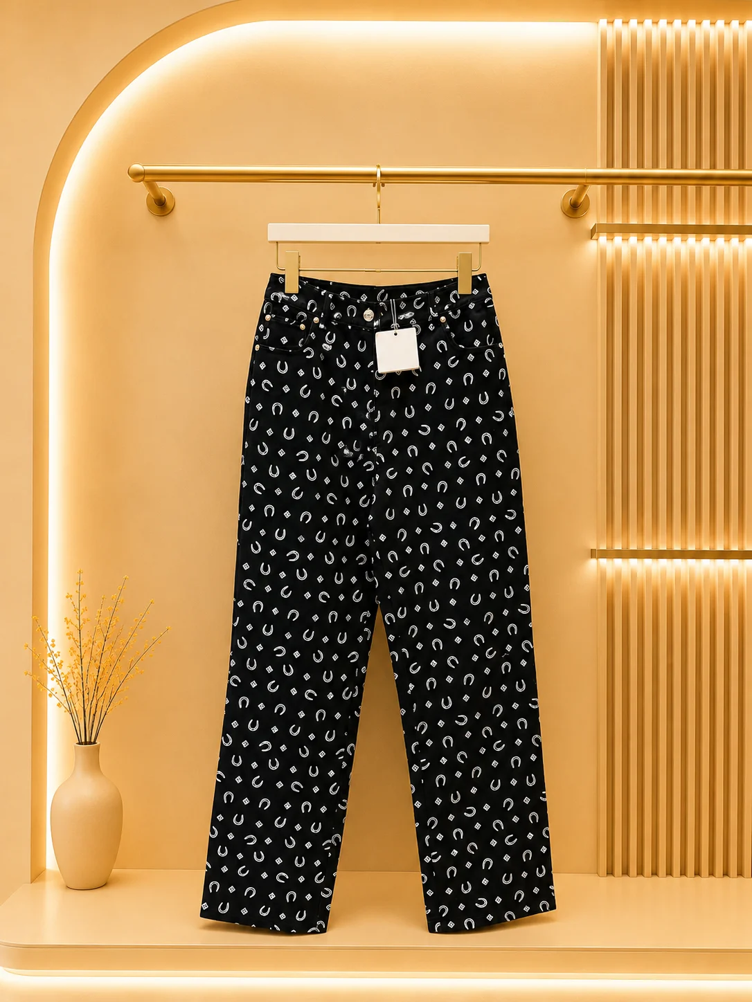 2026 Women Jeans High Waist Straight‑Leg Horseshoe And Diamond All‑Over Print Metal Rivet Pocket Detail Long Denim Pants