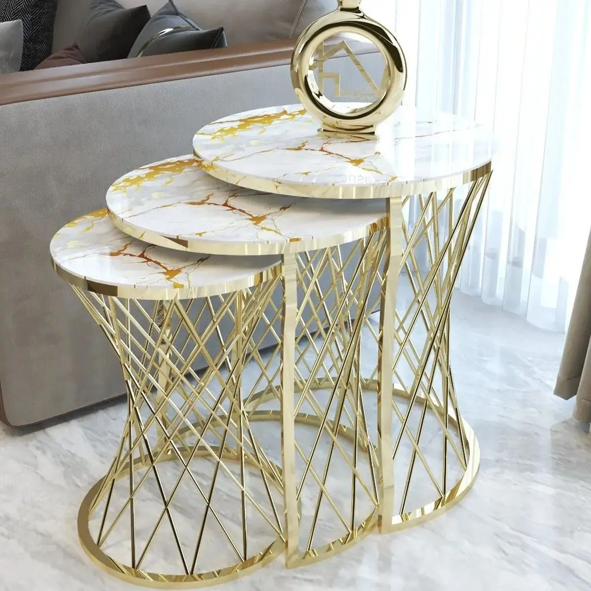 Marble Set of 3 Nesting Table Wicker Leg Unbreakable Tempered Glass Gold 3 Pcs Decorative Nesting Table Set for Living Room