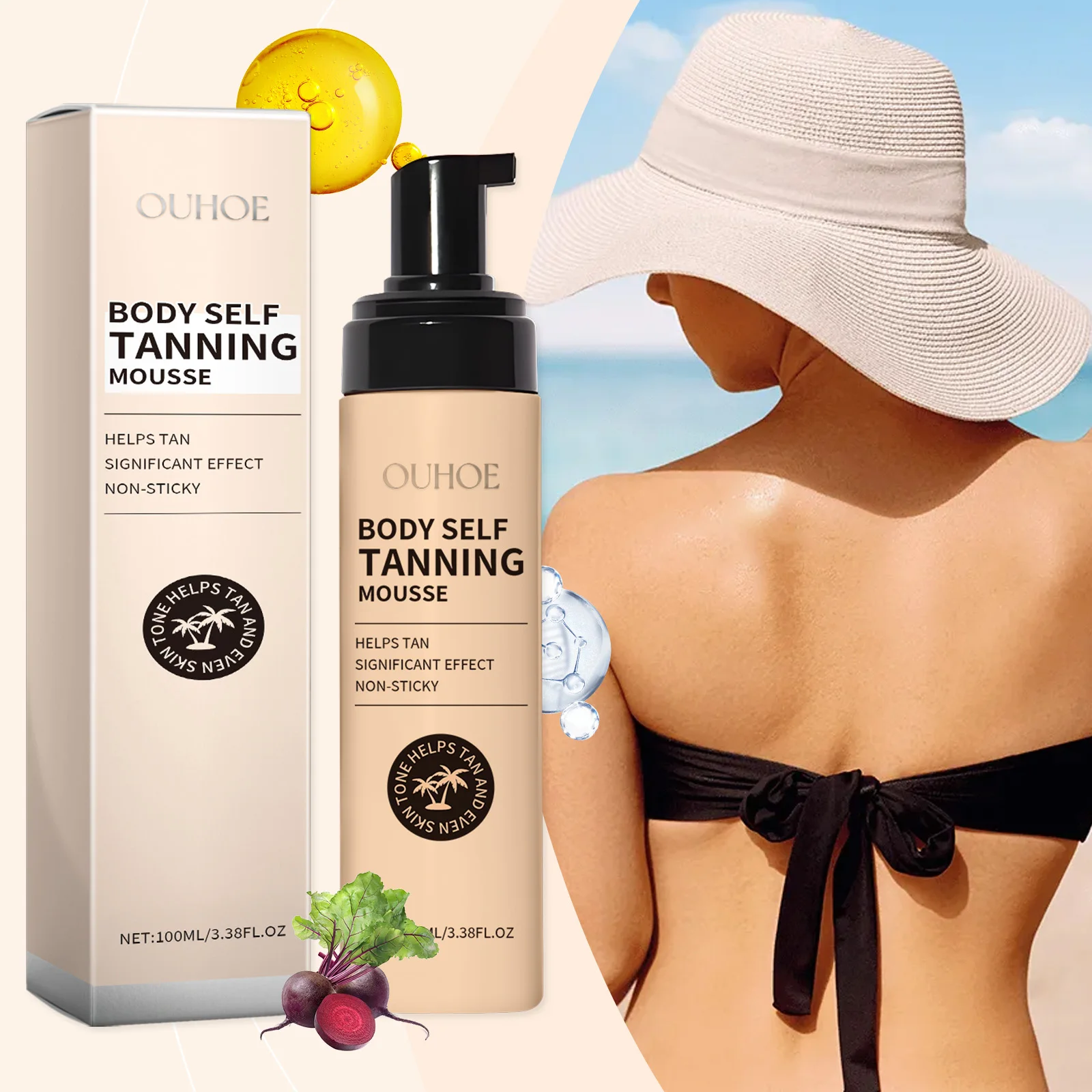 

100ml Ouhoe Self Tanning Body Mousse Summer Bronze Glow Hydrate Moisture Balance Skin Even Tone Free Natural Look Non Greasy