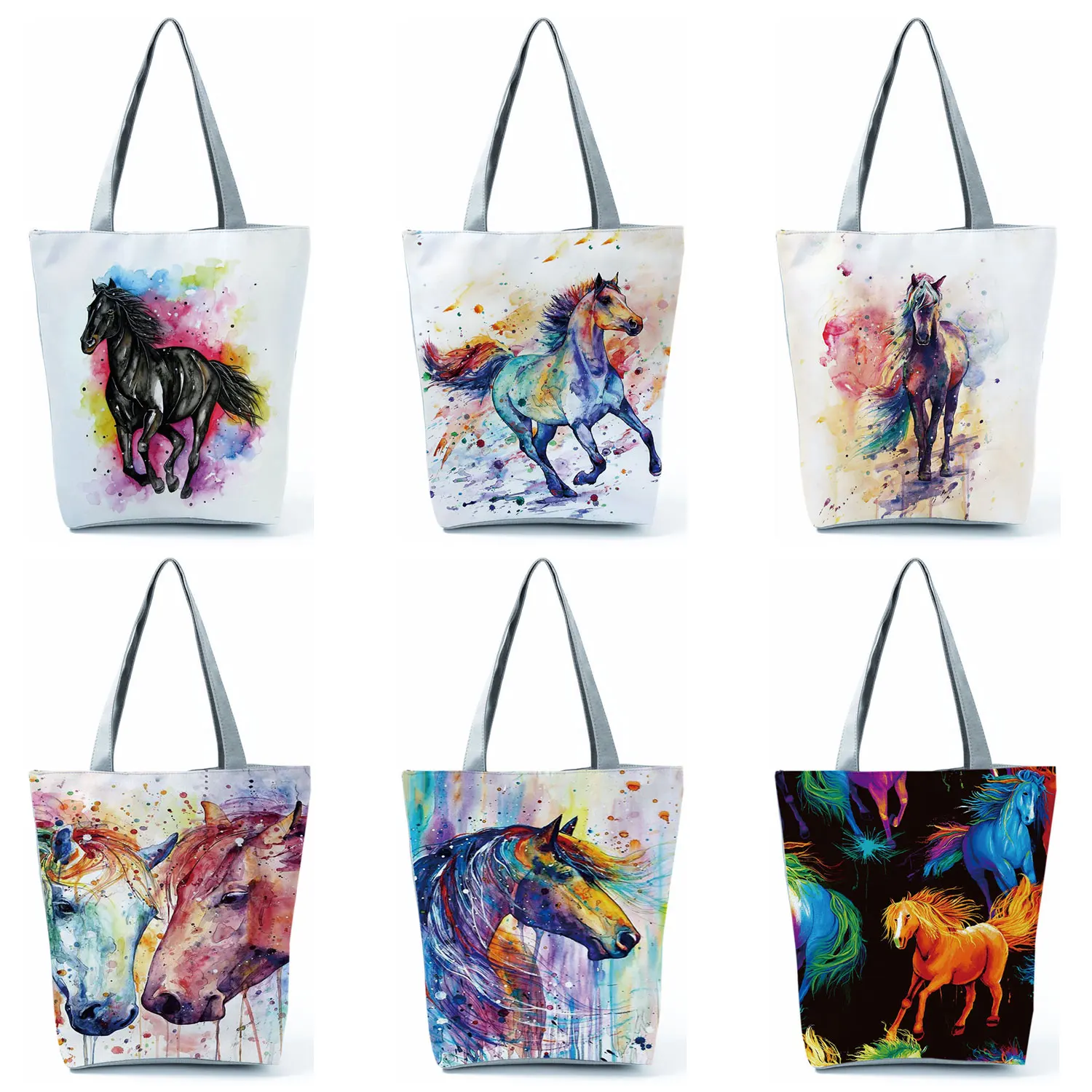 

Watercolor Horse Print Handbags For Women Animal Reusable Traveling Portable Shoulder Bags High Capacity Casual Shopping Bags