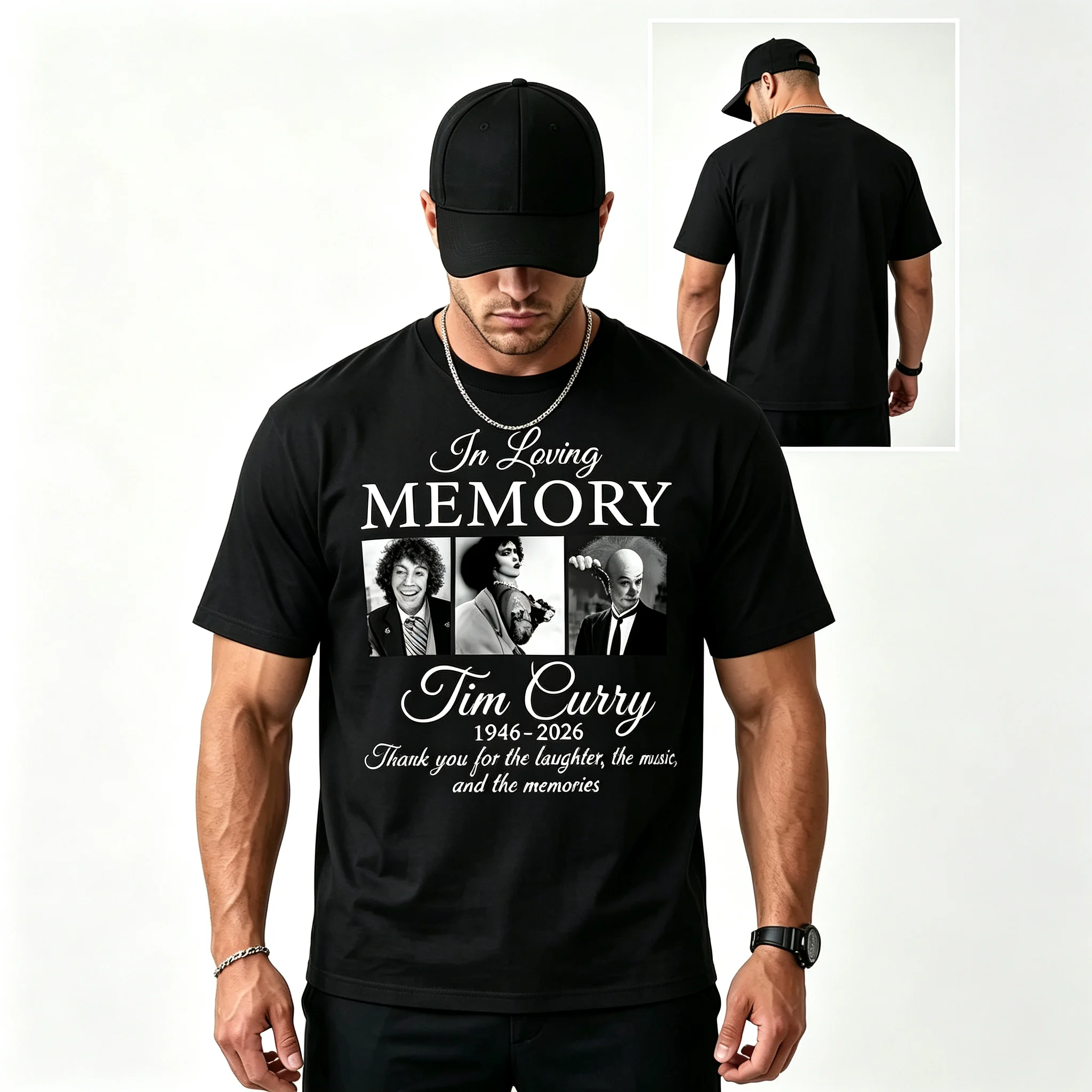Unisex Tim Curry In Loving Memory 1946-2026 Graphic T-Shirt, Thank You For The Laughter The Music And Memories Tee, Horror Movie Fan Tribute Casual Cotton Short Sleeve Top