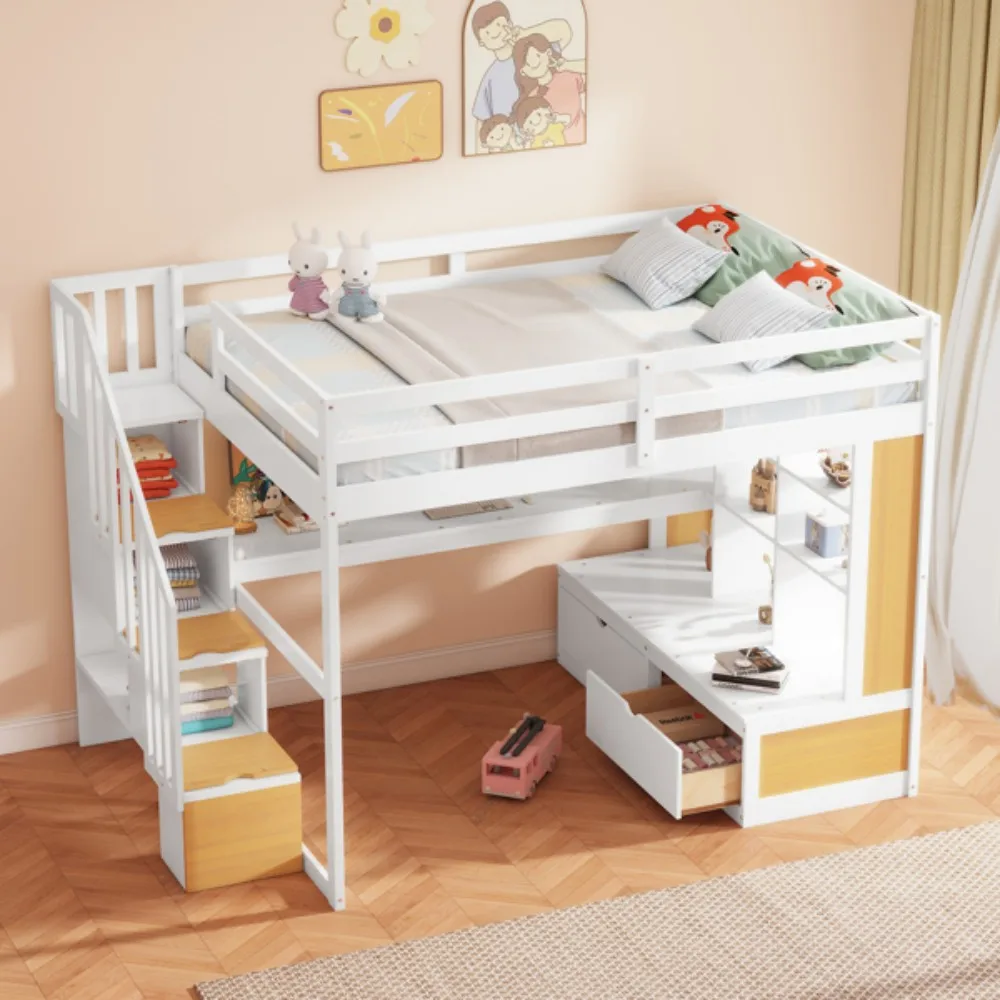 Full Size Loft Bed with Desk Drawers Storage Staircase Suitable for school dormitories and children's bedrooms can store desks