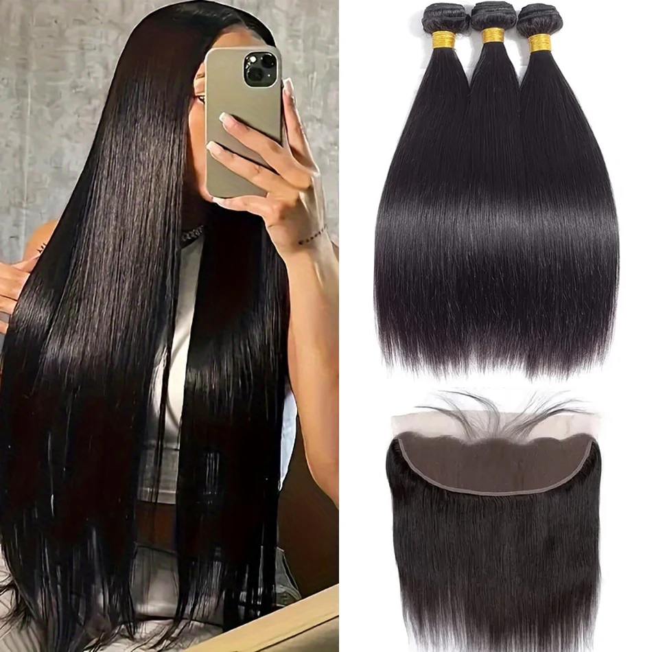 Brazilian Straight Human Hair Bundles with Frontal Closure 100% Virgin Hair Straight Weave 3 Bundles with 13x4 Lace Frontal Hair