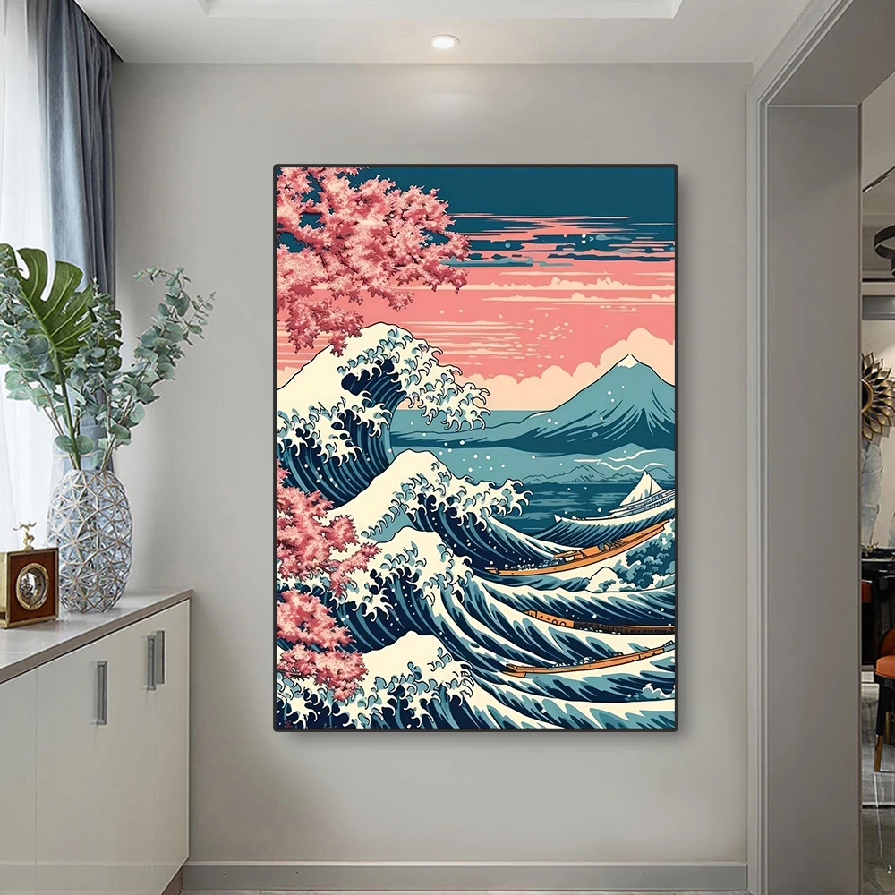 

Vintage Art Japanese Sakura Giant Wave Boat Poster Canvas Print Scenery Living Room Bedroom Corridor Wall Decoration Painting