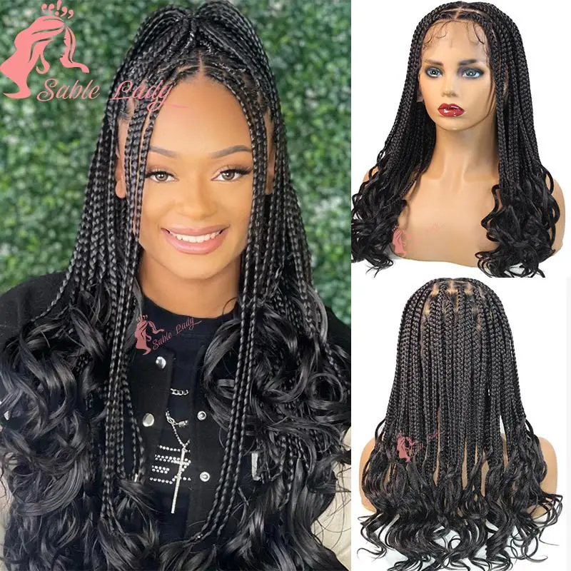 Synthetic Box Knotless Braid Wigs Curly Ends Square Part Braided Full Lace Front Wig For Black Women Lace Braided Wig 18Inch