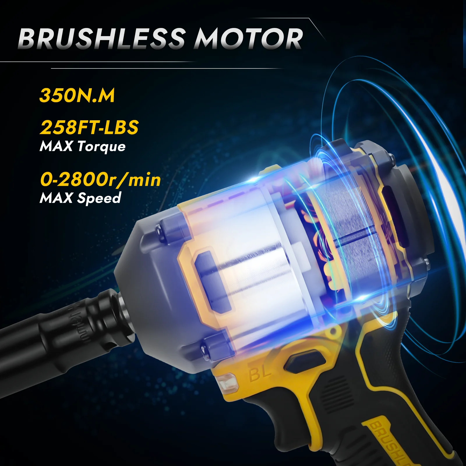 350N.M Torque Brushless Electric Impact Wrench 1/2 inch 2-Speed Cordless Wrench Power Tools for Dewalt 20V Battery (No Battery)