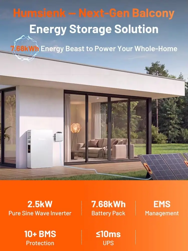 Humsienk 7,68 kWh All-in-One Balkon-Energiespeichersystem, mit 2,5 kW reinem Sinuswellen-Solarwechselrichter, Heimspeicher-Backup, netzgekoppelte und netzunabhängige Solarstromstation, aktiver