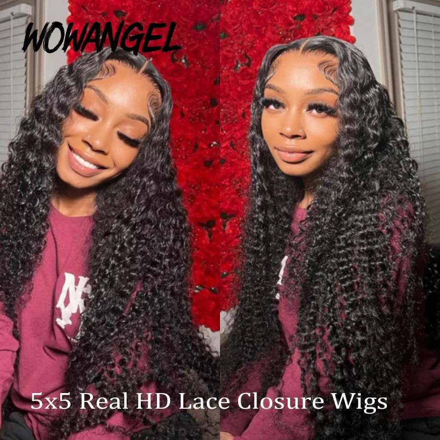 WOWANGEL 34 Inci Wig Gelombang Air 5X5 HD Wig Rambut Manusia Penutupan Renda 250% Wig Keriting Penutupan Semua Kulit Meleleh Wig Rambut Remy untuk Wanita