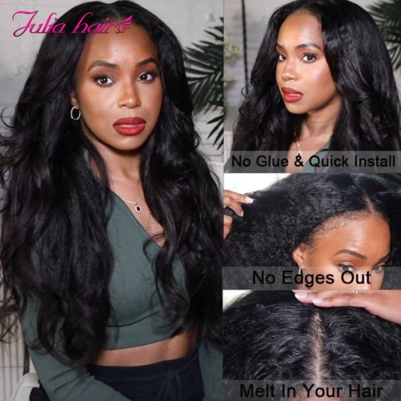 Julia Hair Kinky Straight V Shape Wig 14-26 Inch Brazilian Beginner Friendly V Part  Wig No Glue No Leave Out Human Hair Wigs