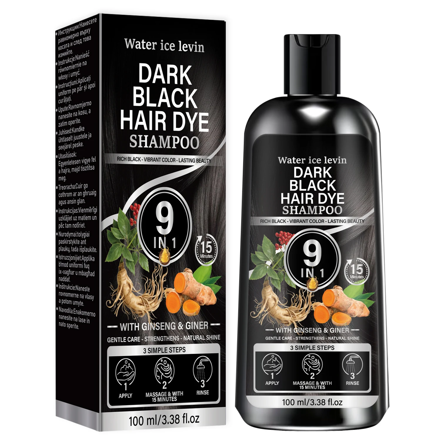 Water Ice Levin Plant Black Hair Dye Shampoo 100ml Ginseng Ginger Mild Coloring Nourish Scalp Long Lasting Hair Care - view 6