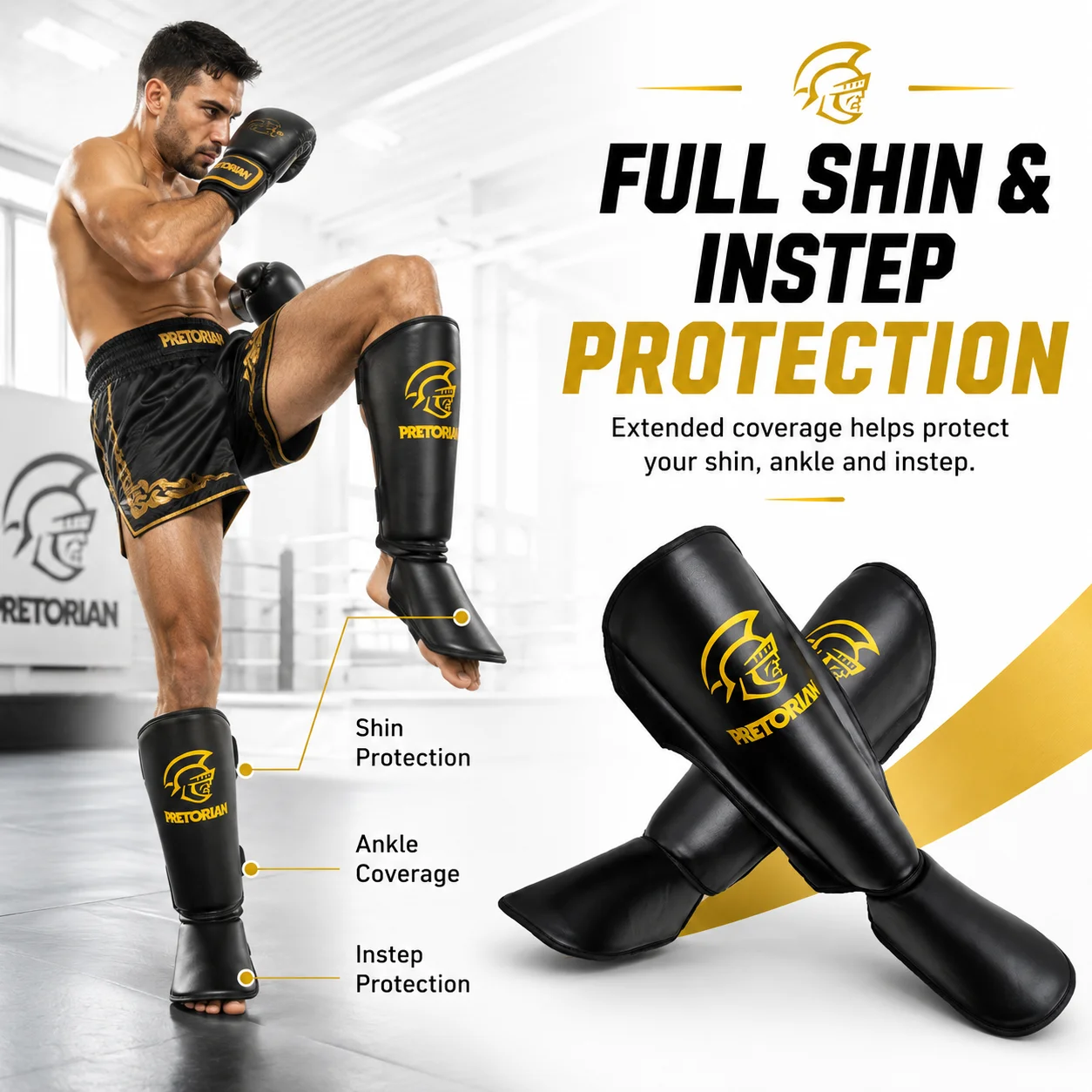 Pretorian Muay Thai Shin Guards with Instep Protection PU Leather MMA Kickboxing Karate Sparring Leg Protector M L