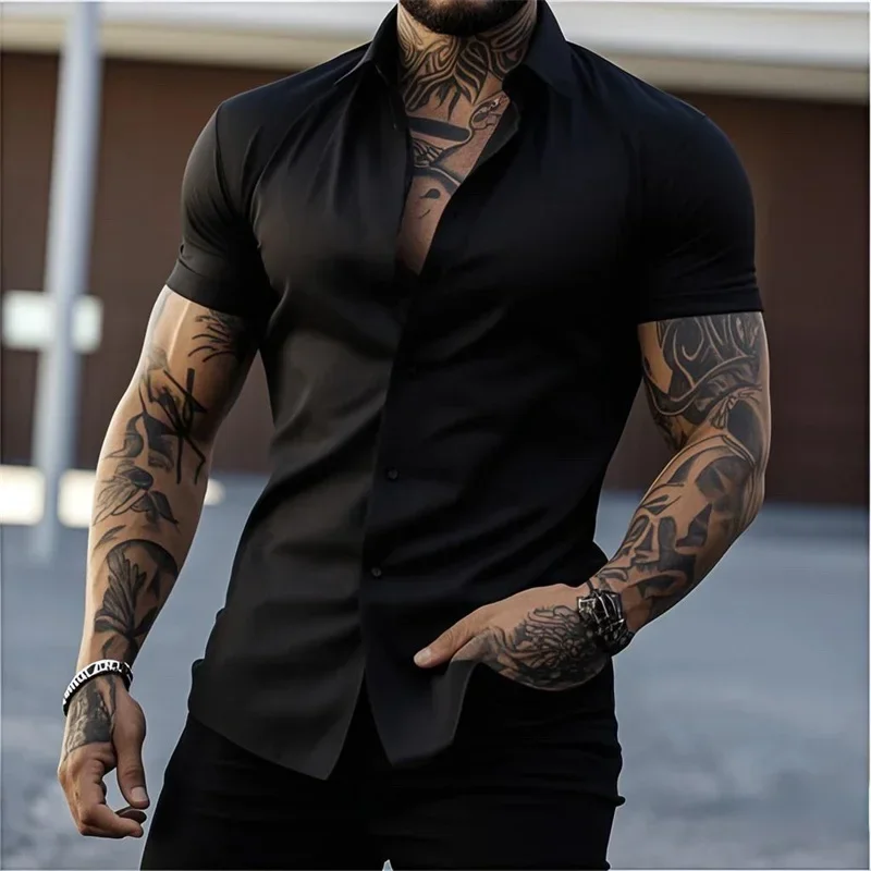 Men's Lapel Solid Color Short Sleeve Shirt Elastic Thin Casual Cardigan Non-iron Holiday Business Shirt