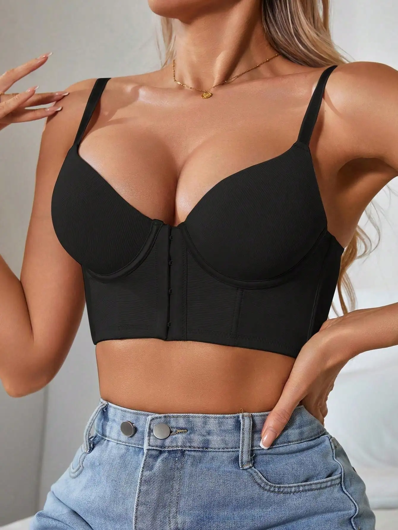 Thin cup lingerie for women, front buckle, easy to wear, side wings, widened side breasts