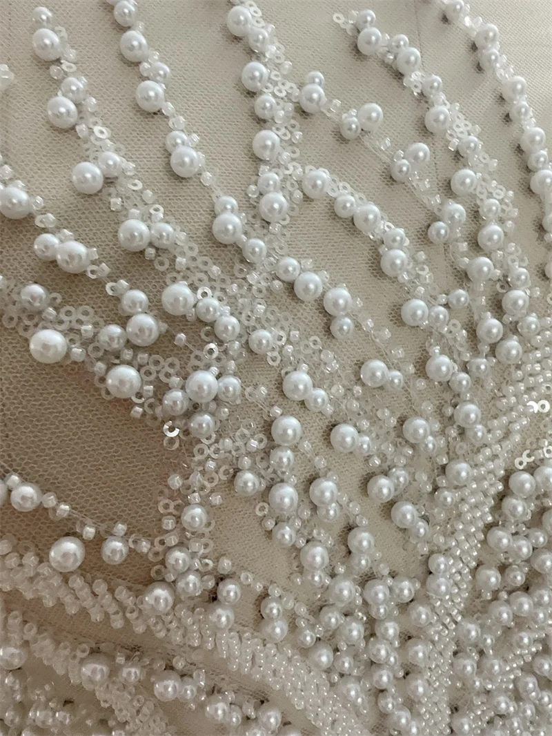 Unique  Top Quality Heavy Rich Pearls Beads Off White Wedding Gown Dress Lace Fabric Sell By 1 Yard