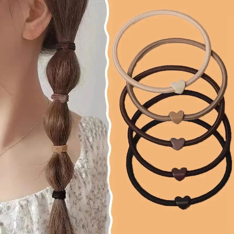 10PC mignon coréen kaki Style coeur haute élasticité cheveux corde cravates pour femmes filles élastique pour queue de cheval accessoires de cheveux pratiques