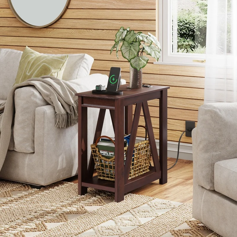 

GALAXHERO Narrow End Table with Charging Station 2 USB Ports 2 Power Outlets Open Storage Shelf for Small Spaces Living Room