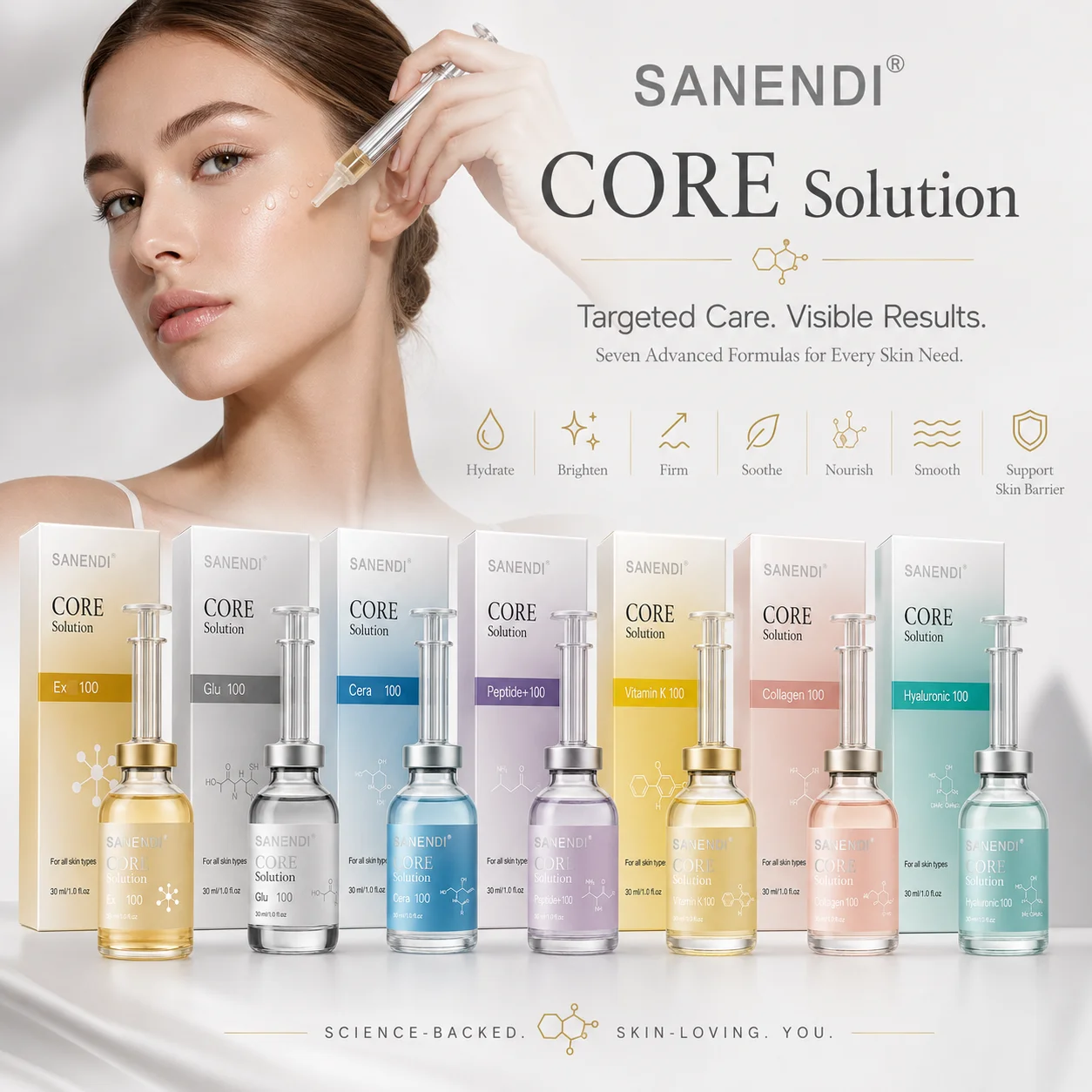 SANENDI Collagen CORE Solution Facial Serum Peptide Targeted Facial Serum VK Hyaluronic Acid Skin Essence Korean Skin Care 30ML