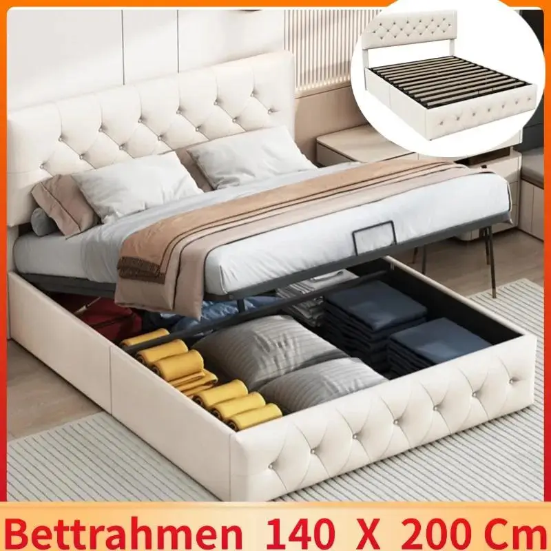 140x200cm Upholstered bed double bed hydraulic functional bed velvet buckle height adjustable headboard