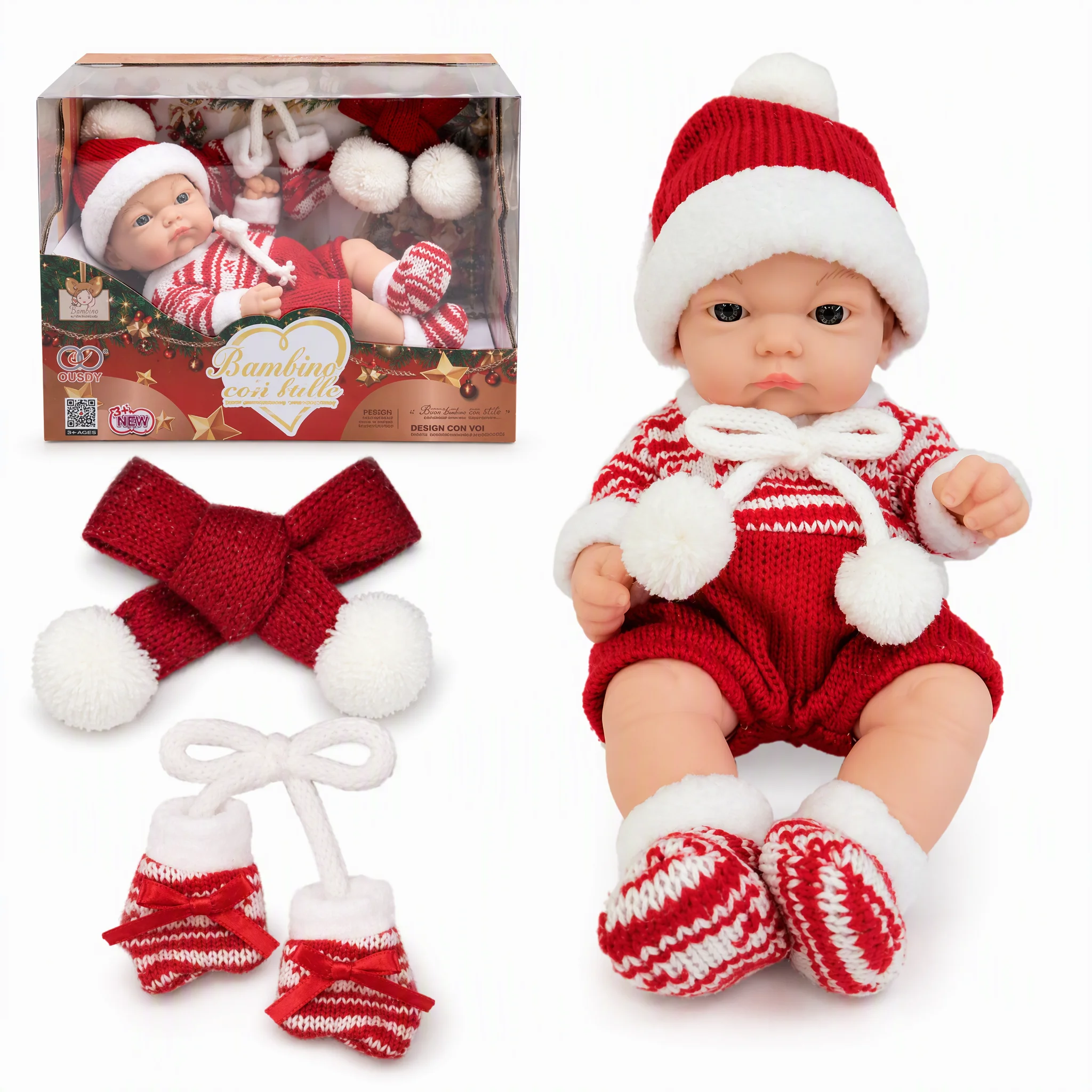 25 cm babypop met een gebreide kerstoutfit, muts, sjaal en schoenen. Twee verschillende modellen om uit te kiezen, ideaal als kerstcadeau voor meisjes.