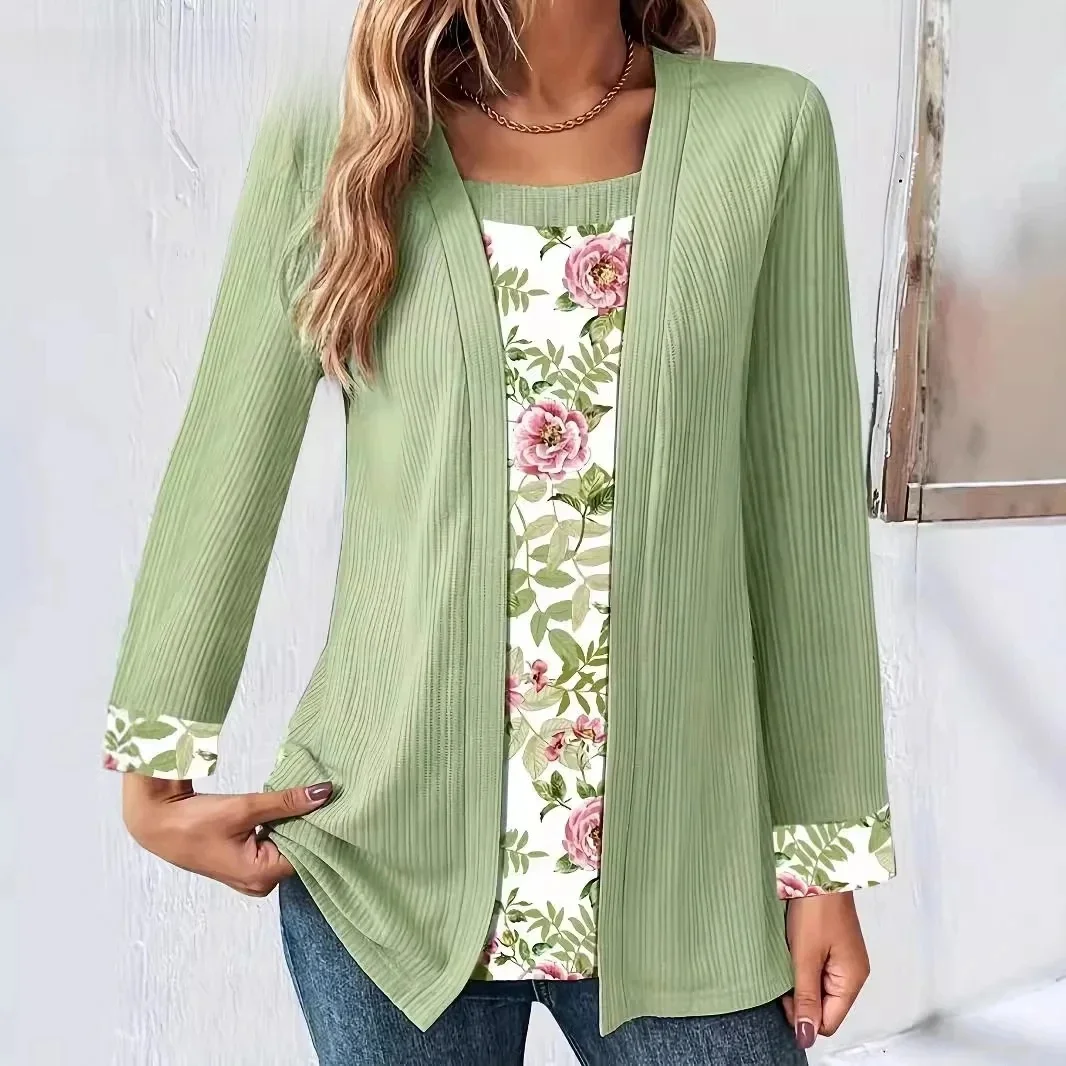 T-shirt vintage à manches longues pour femmes, imprimé patchwork, faux deux pièces, grande taille, printemps, nouveau, 2025, Y-5XL