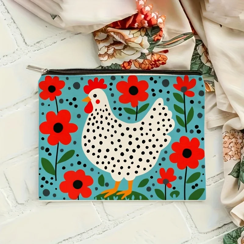 1Pc Vintage Design Makeup Bag with Chicken and Floral Motifs, Multifunctional Storage Bag for Snacks, Toiletries, and Stationery, Canvas Bag with Double-Sided Printing, Suitable for Travel and On-The-Go Use