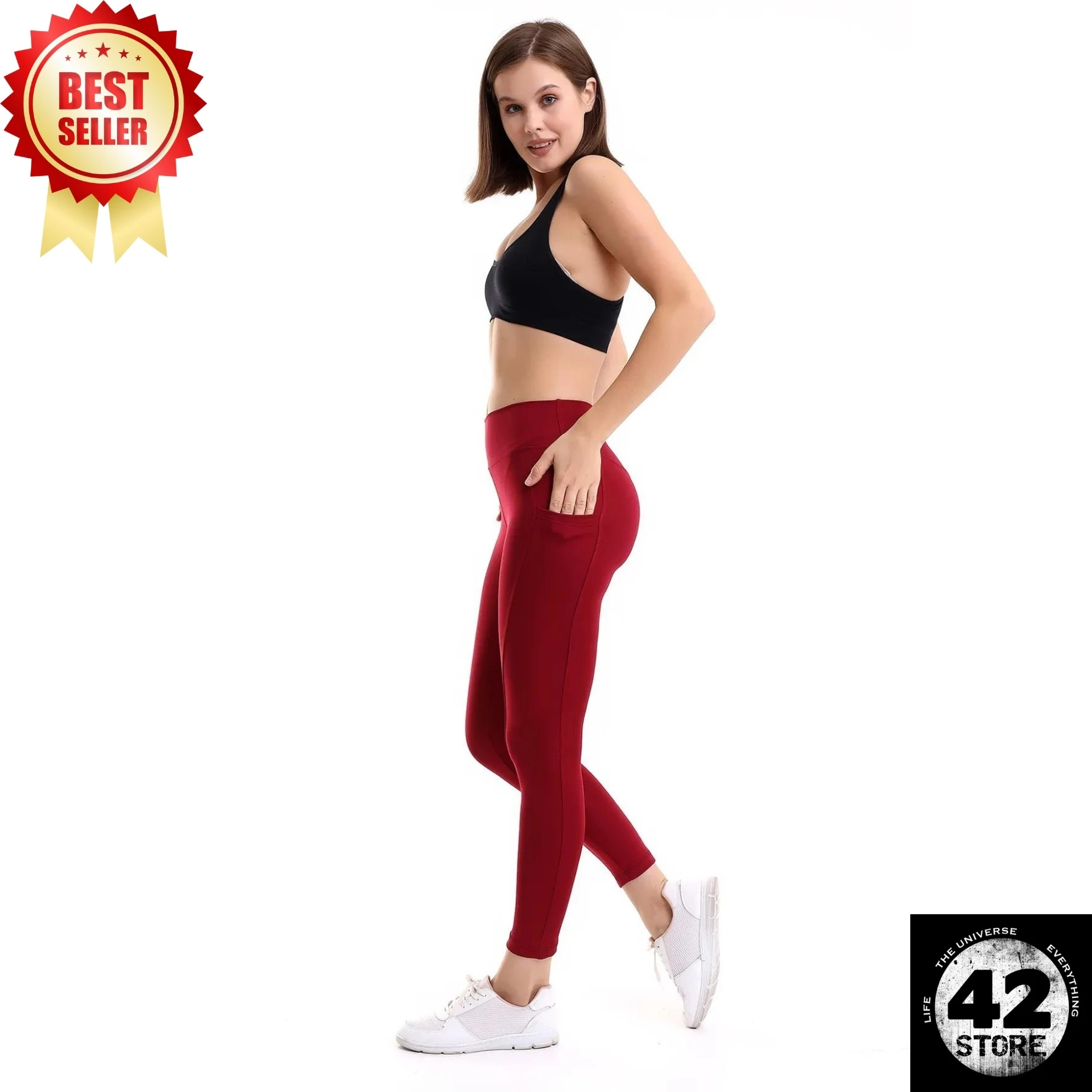 

Red Women's Sports Tights Double Pocket Firming Tights