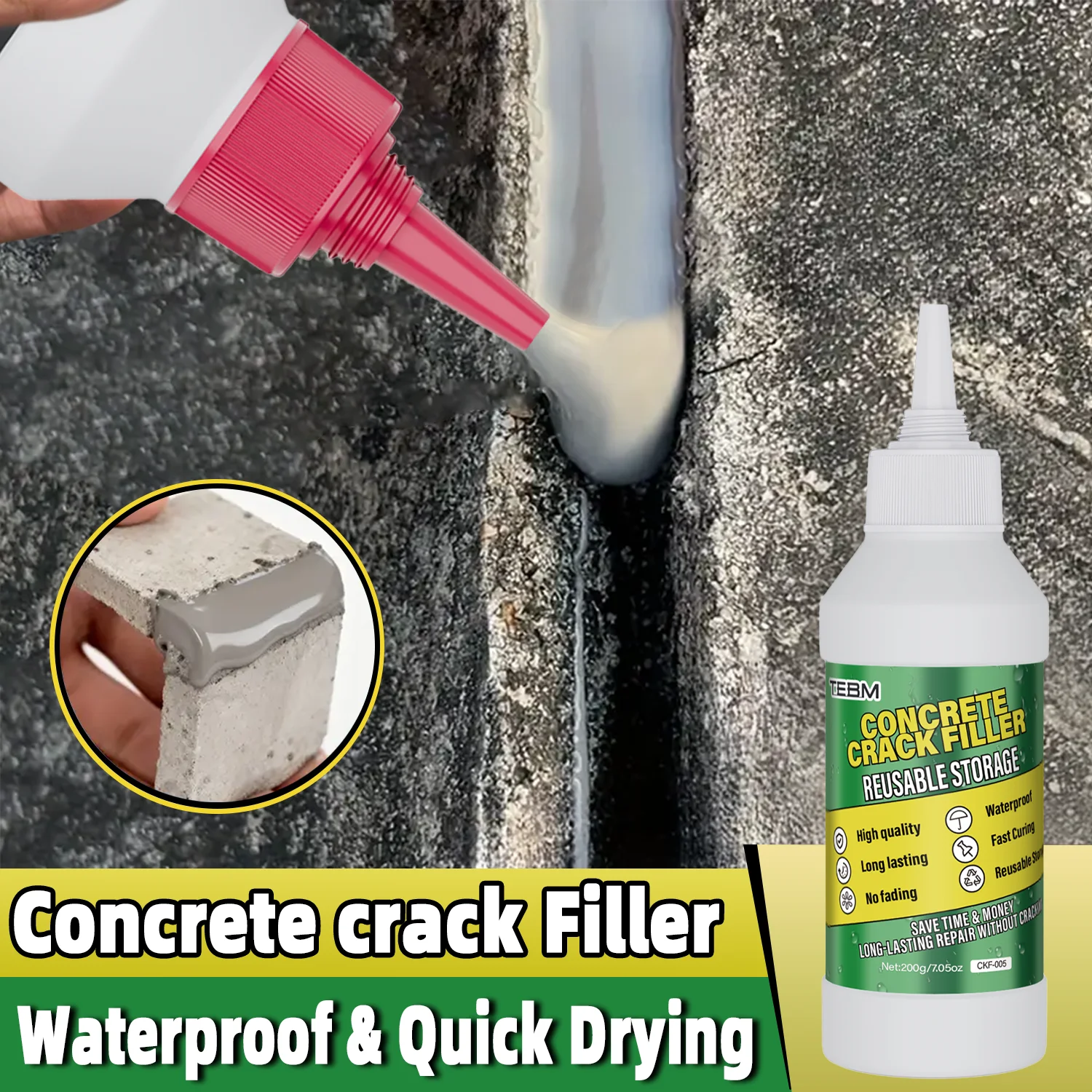 Concrete Crack Filler — Flexible Repair Sealant & Waterproof Crack Repair Agent — For Driveways, Patios, Walls, and Foundations