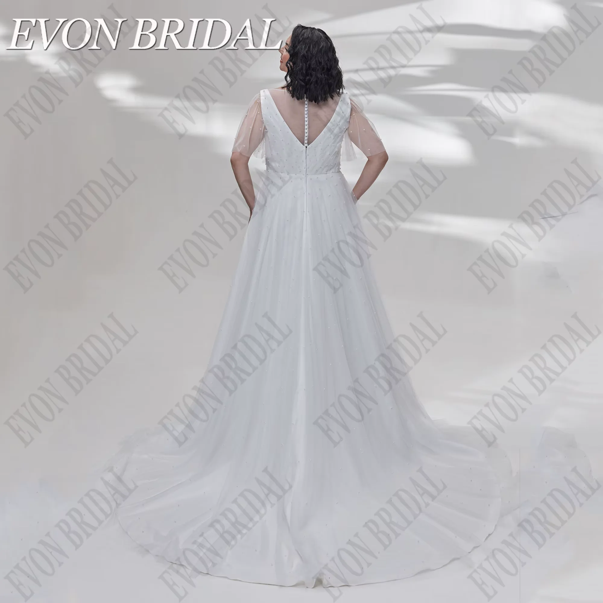 EVON BRIDAL Luxury Beading Wedding Dress Plus Size O-neck Short Sleeve Wedding Gown Beach Bridal Gowns Sweep Train Customized