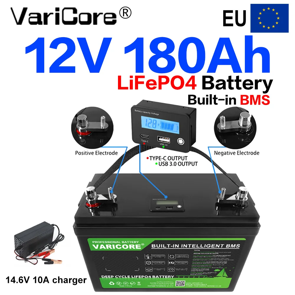 VARICORE 12.8V 180Ah LiFePO4-batterij, Deep Cycle, ingebouwde BMS en LCD-display, voor zonne-energie, campers, boten, off-grid noodstroomvoorziening
