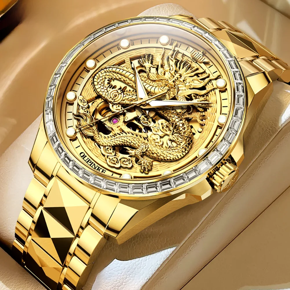 Oupinke High-End Herren uhren wasserdichte Wolfram Stahl Gold automatische mechanische Armbanduhr