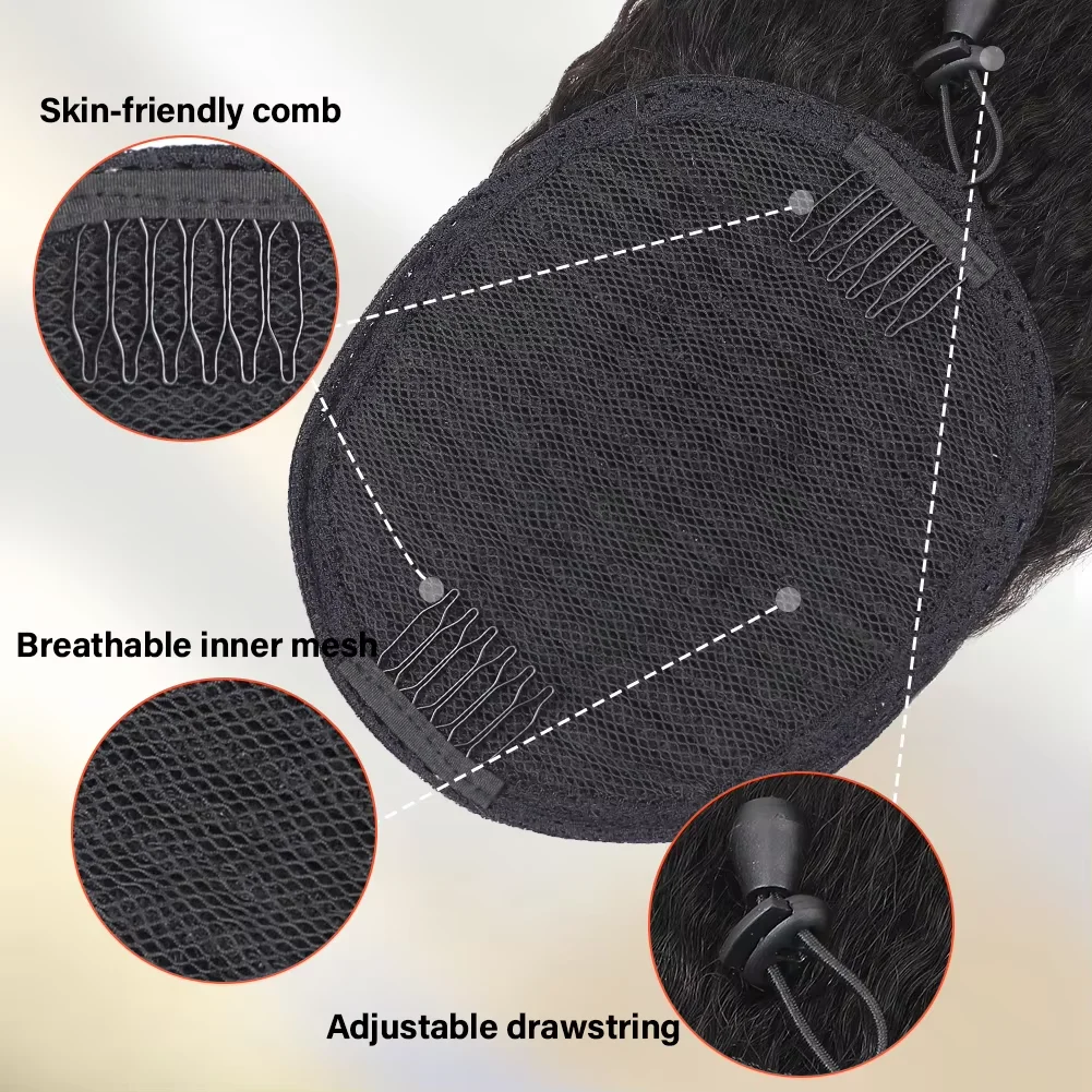 موجة عميقة الشعر البشري الرباط ذيل حصان موجة عميقة الرباط ذيل حصان # 1B أسود طبيعي للنساء وصلة شعر بشري على شكل ذيل حصان #3