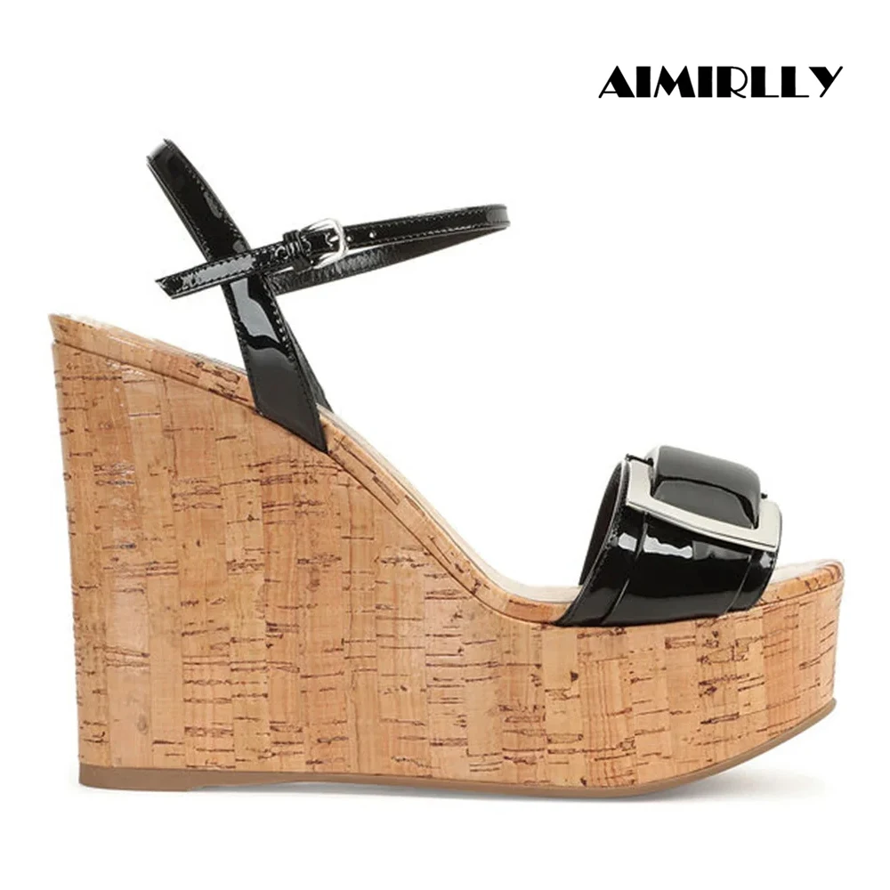 

Wedge Sandals Women Platform Ladies Wedge High Heels Shoes Sexy Cork Comfortable Footwear Patent Leather Black White Aimirlly