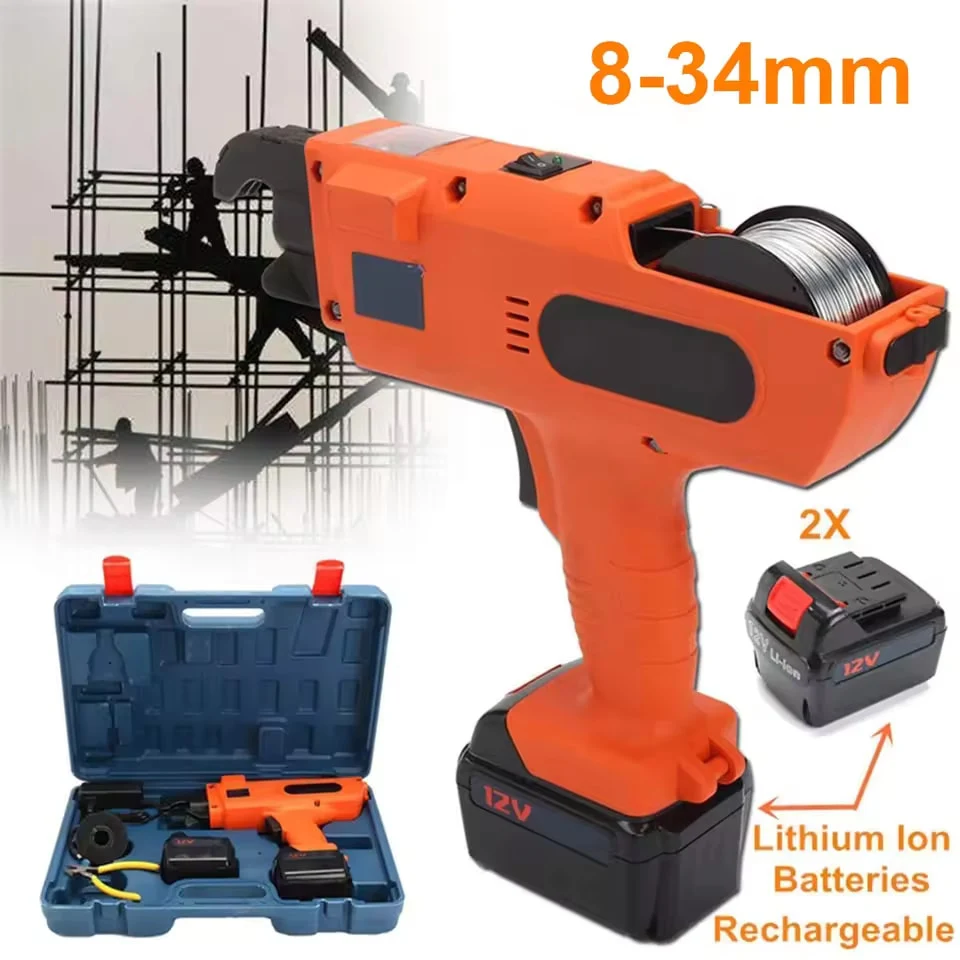Automatyczna wiązarka do prętów zbrojeniowych 8mm-34mm, 12V 4500mAh, elektryczna ręczna wiązarka do zbrojenia, zestaw narzędzi z szczypcami do drutu i akumulatorami.