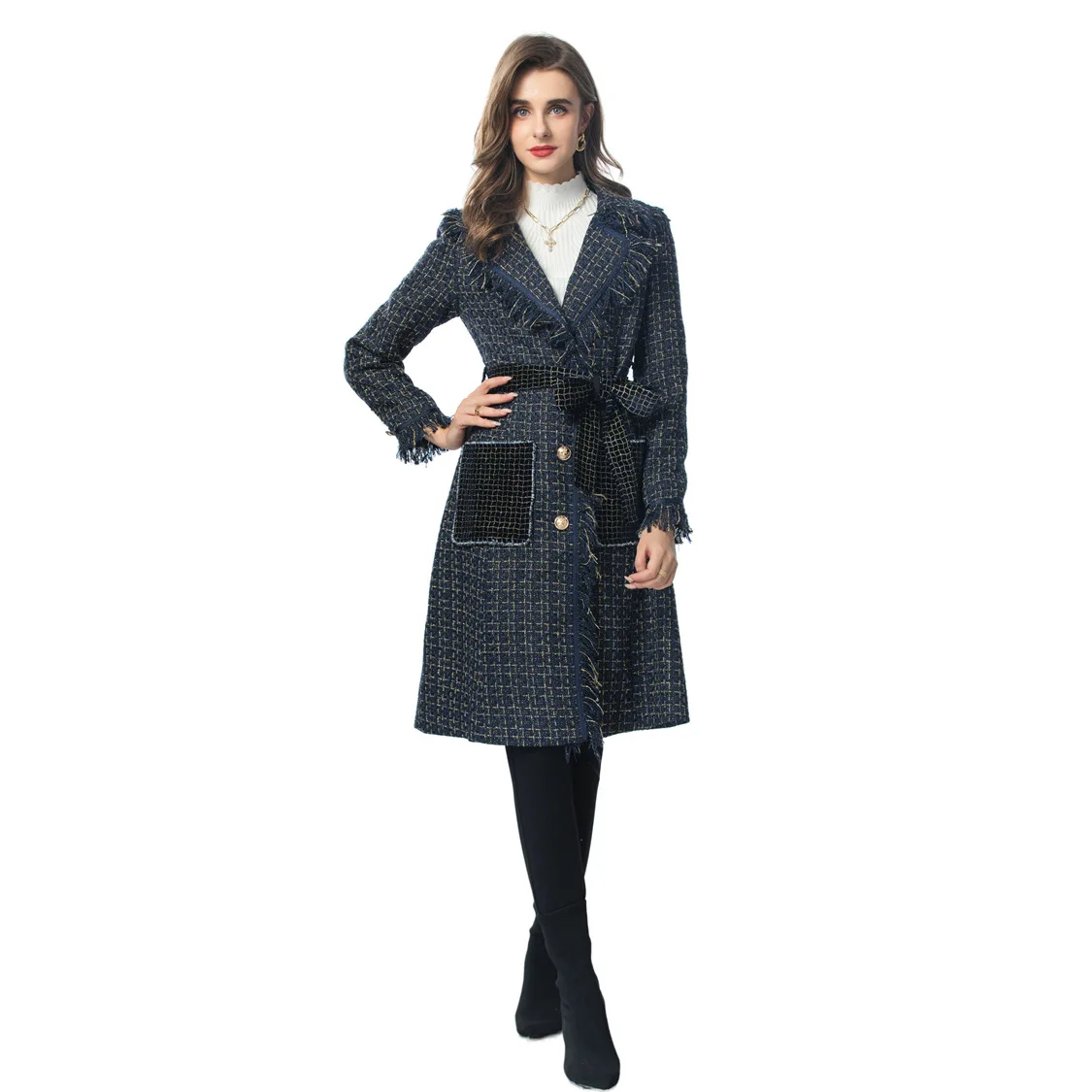 Plaid Jacket 2024 For Women Elegant Sashes Turn-down Collar Polyester Long Party Club Autumn