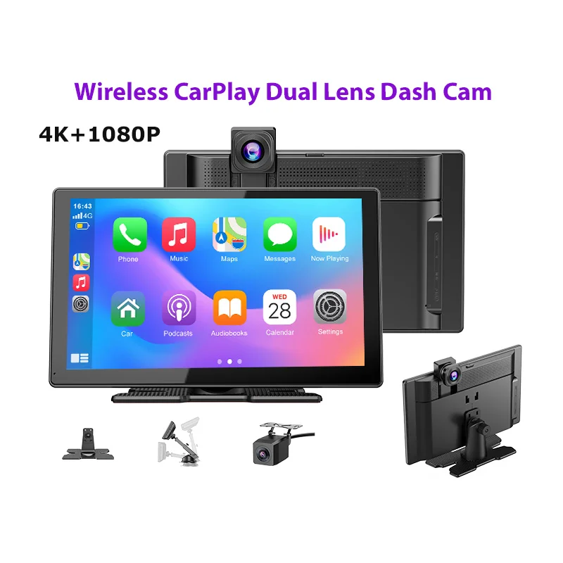 ESSGOO 9-Zoll Tragbares CarPlay-Display Echte 4K Frontkamera & 1080p Rückkamera Universelles Autoradio für LKWs Android Auto BT AUX FM USB
