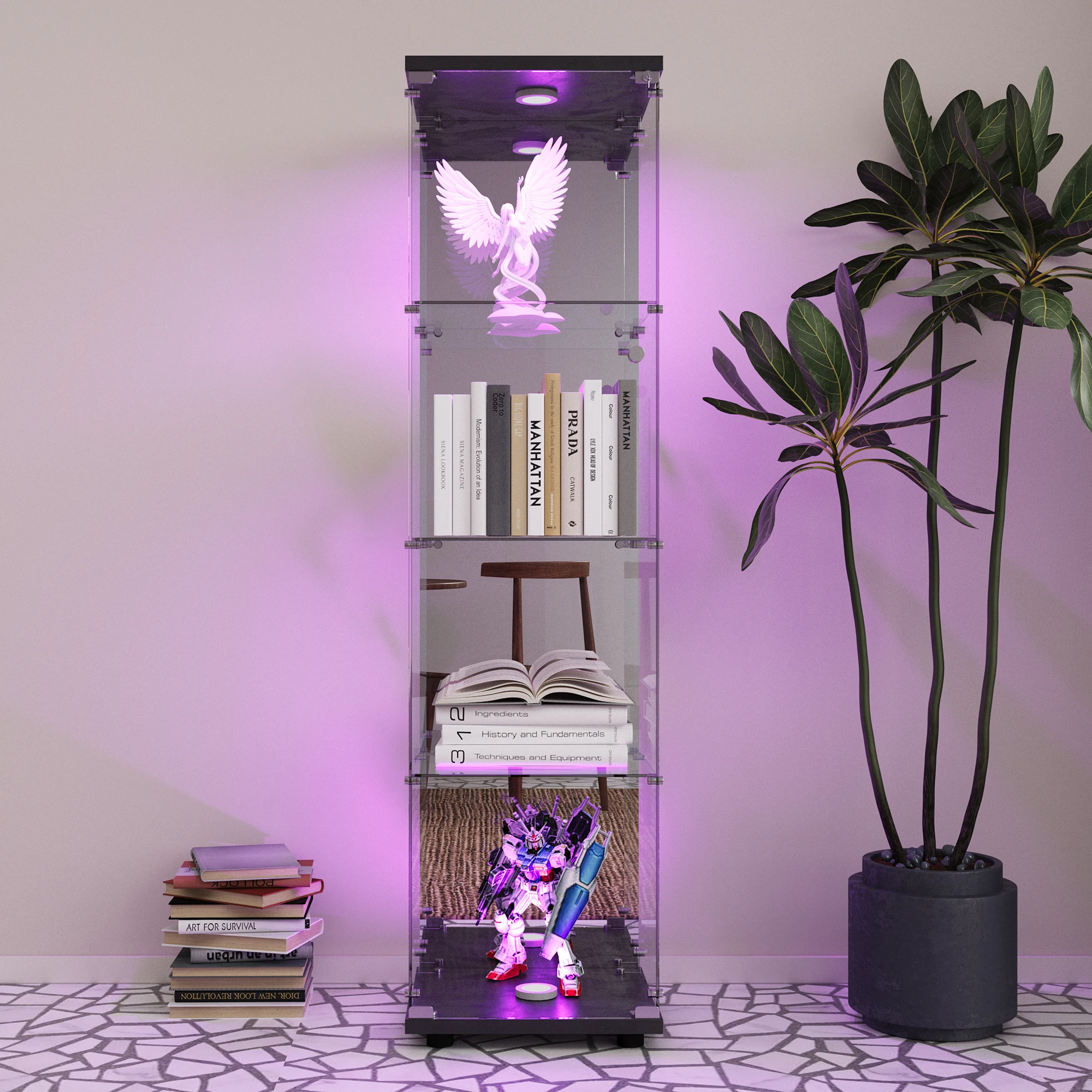 Rosahqnda Vetrina in vetro con LED Bianco/Nero Armadietto da soggiorno a 4 livelli Ingresso camera da letto