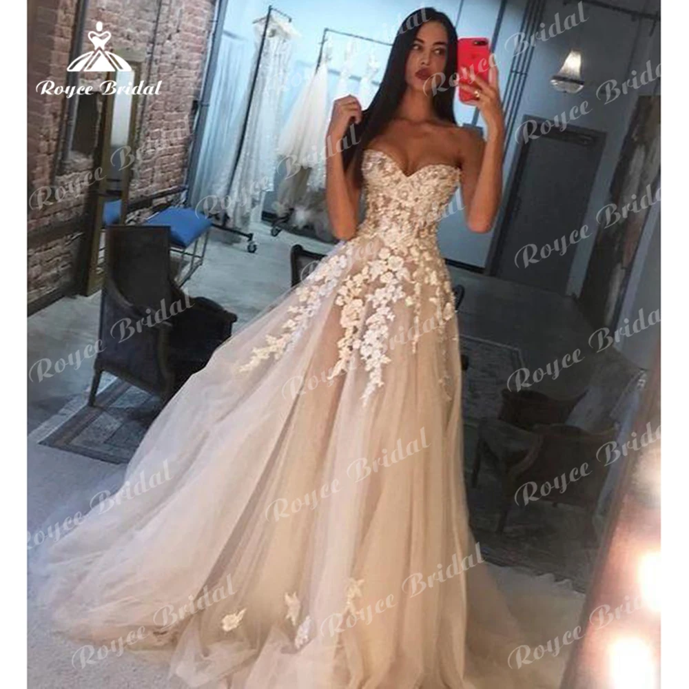 Off Shoulder Champagne Wedding Dresses 3D Ivory Appliques A Line Sweetheart Lace Corset Back Brides Married Gowns Formal