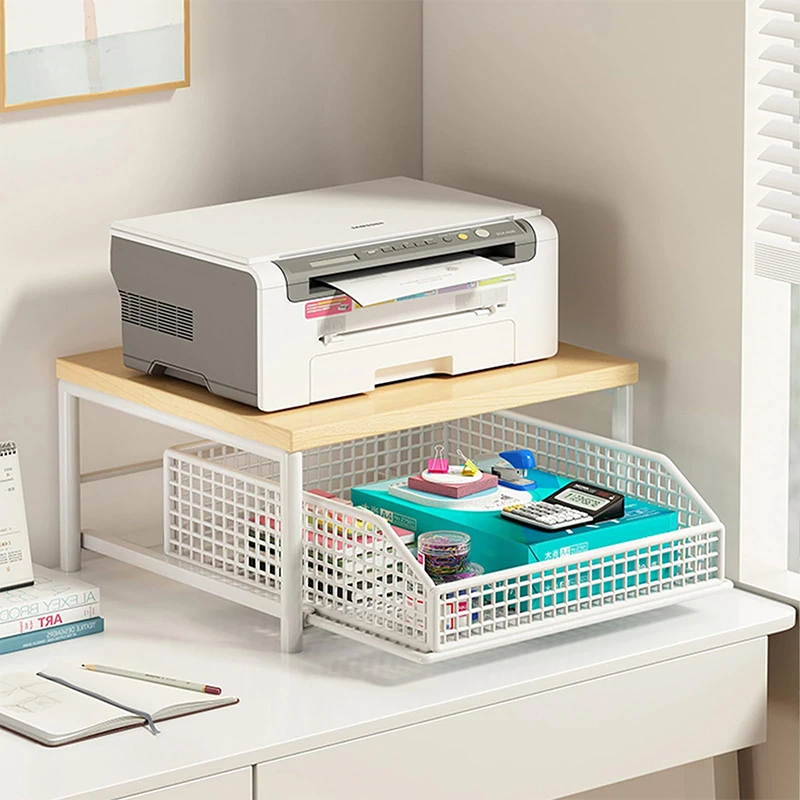 Support d'imprimante de bureau, support de rangement de cuisine, avec panier de rangement inférieur, sans roues, adapté au bureau, au salon et à la chambre à coucher