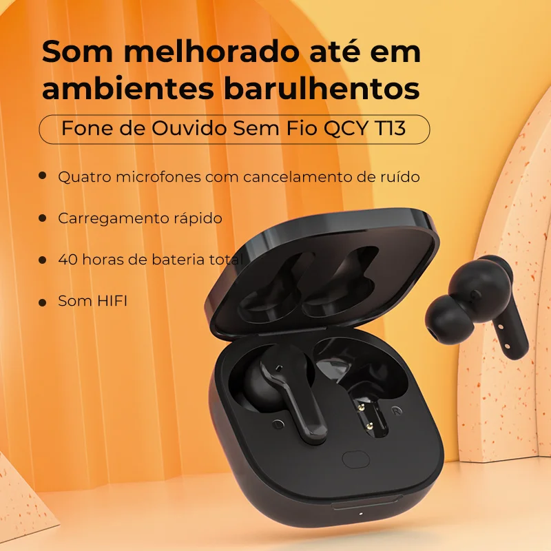 QCY Fone de Ouvido Sem Fio T13 TWS 4 Mics Control Por Toque e Bluetooth 5.1 Cancelamento de Ruido e de Eco Recarregable