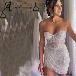 Sexy Sweetheart Short Wedding Dress Sheath Sequin Glitter Bridal Gown Illusion Back Shiny customized Vestidos De Novia