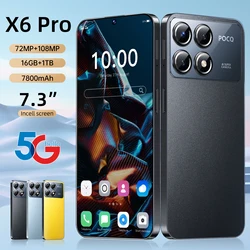 2025 НОВЫЙ мобильный телефон X6 Pro 7.3 HD-экран SmartPhone 16G + 1T 5G Dual Sim Celulares Android Разблокированный сотовый телефон 108MP 7800 мАч