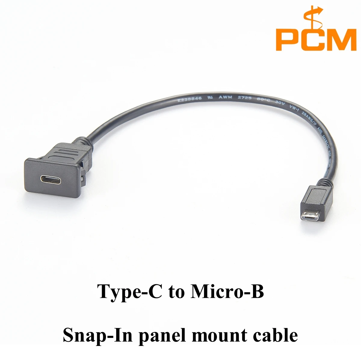 USB 3.1 Type-C Snap-In panel mount female connector to Micro-B male cable, for cabinet mounting, quick locking
